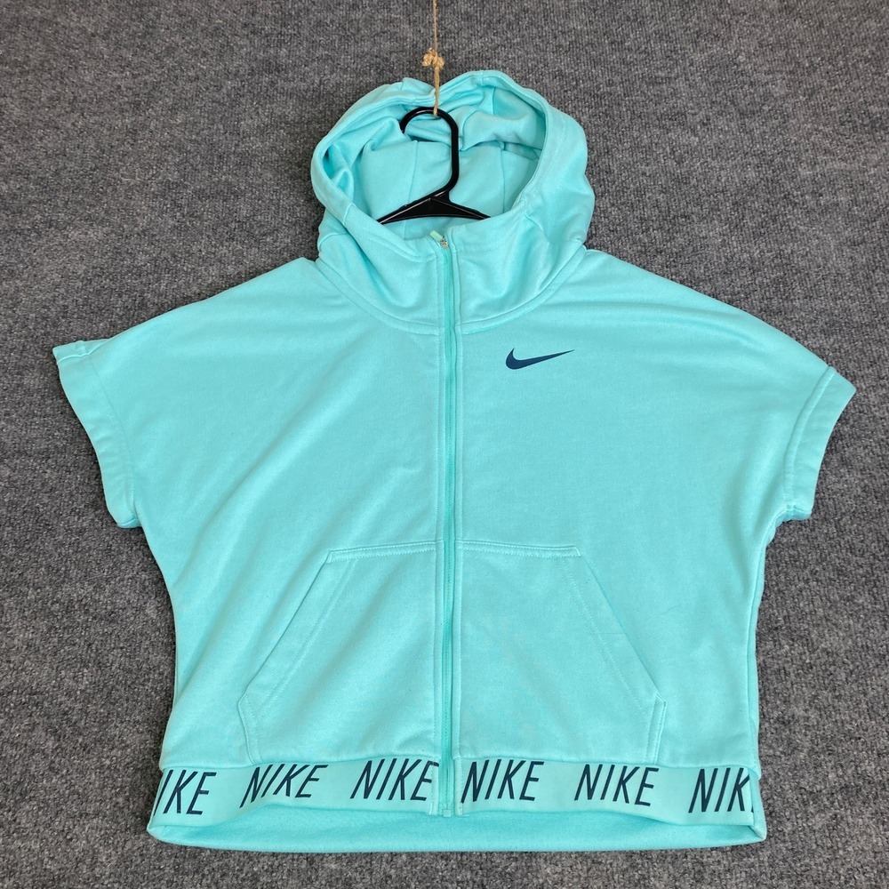 Nike Dri-FIT Girls Full Zip Short Sleeve Hoodie Aqua Blue 859966-446 Large